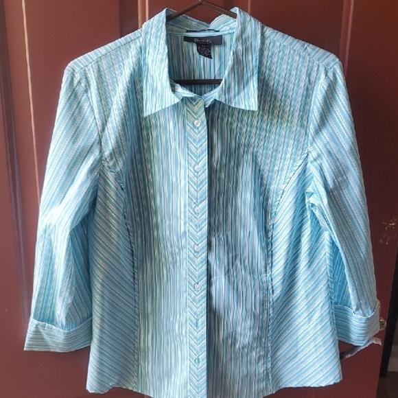 Style & Co SYDNEY Blue AND SILVER  Pinstripe Blouse with Tailored Fit 14 - Picture 1 of 7
